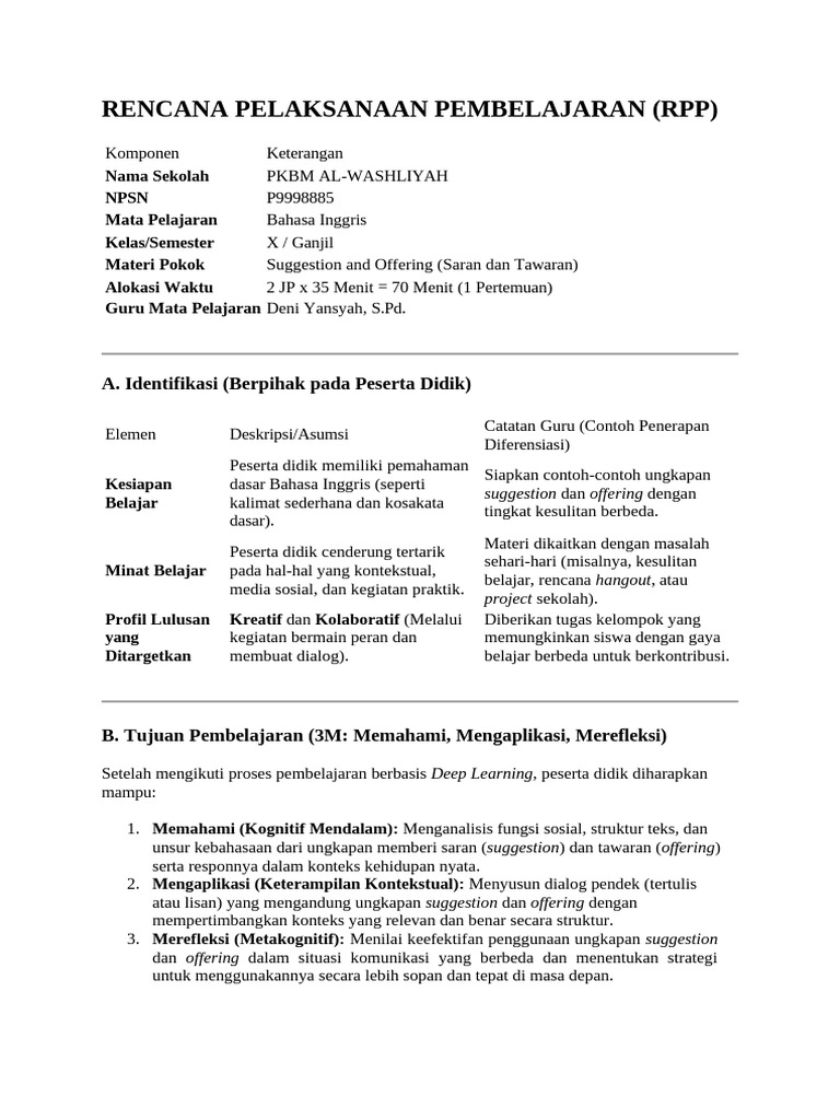 RPP Bahasa Inggris: Saran dan Tawaran | PDF