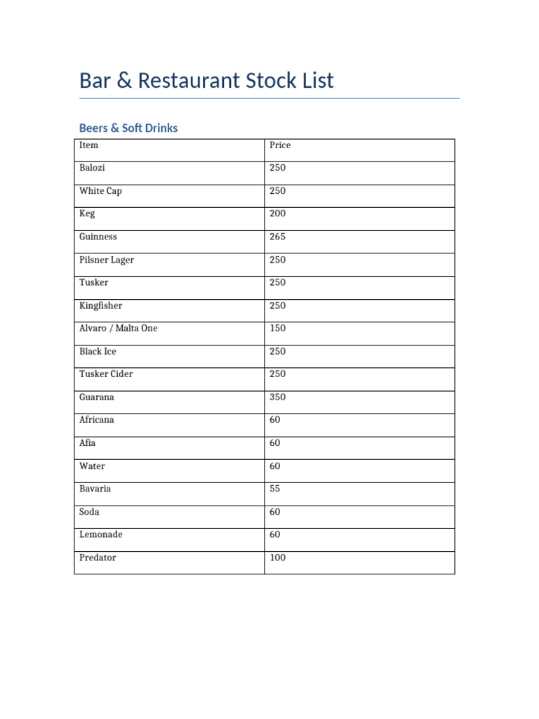 Bar & Restaurant Beverage Price List | PDF