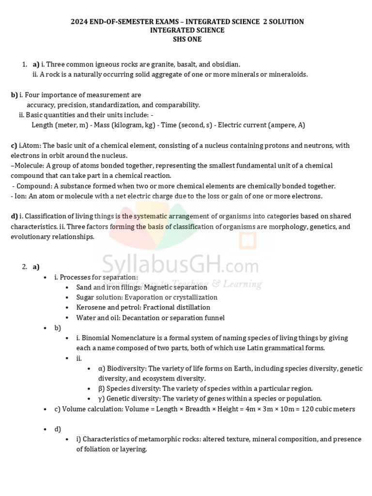 2024 Integrated Science Exam Solutions | PDF | Atoms | Chemical Substances