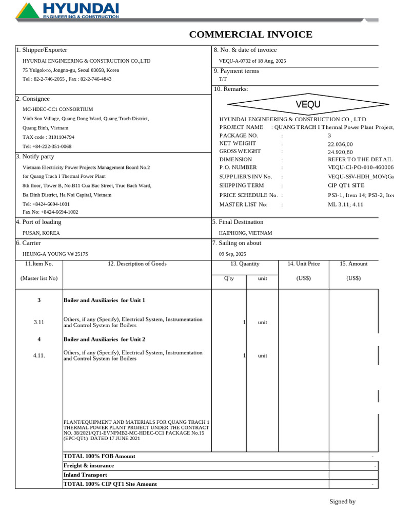 Quang Trach I Thermal Power Plant Invoice | PDF
