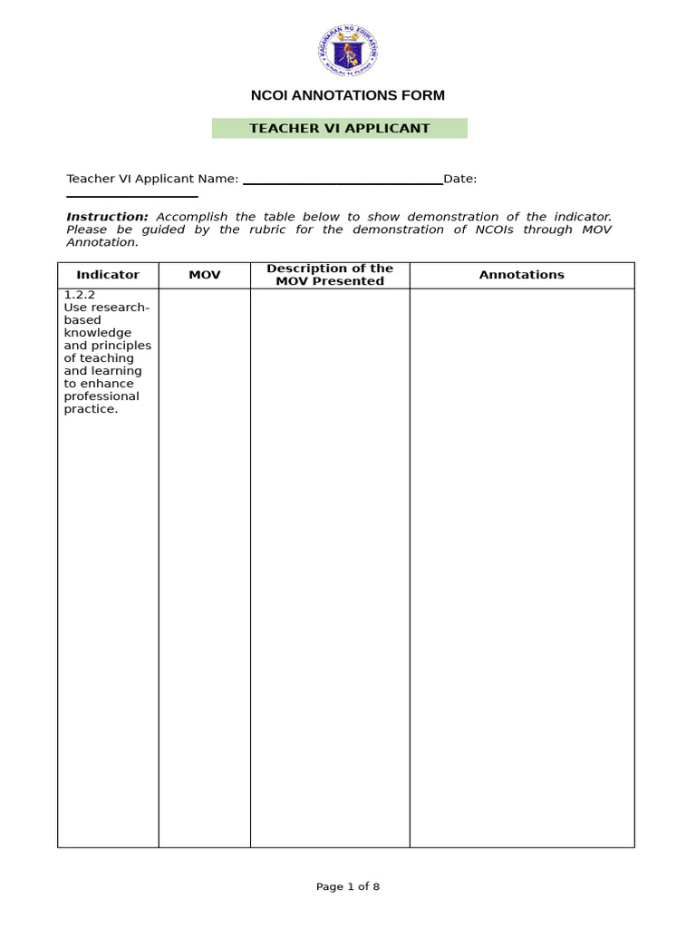 NCOI Annotation Form for Teacher VI | PDF | Learning | Pedagogy