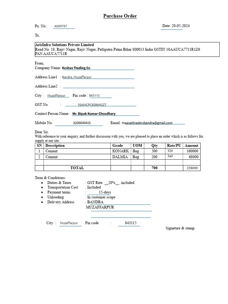 Purchase Order for Cement Supply | PDF