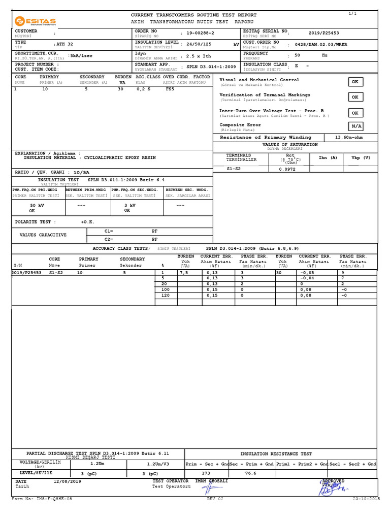 Current Transformers Routine Test Report: Akim Transformatörü Rutin ...