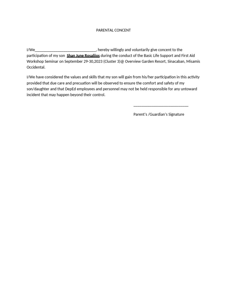 Parental Consent for First Aid Workshop | PDF