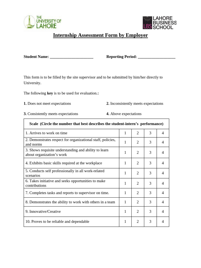 Internship Assessment Form Template | PDF