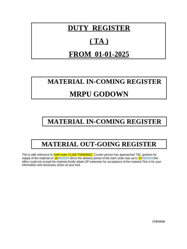 Duty Register (TA) FROM 01-01-2025: Material In-Coming Register | PDF
