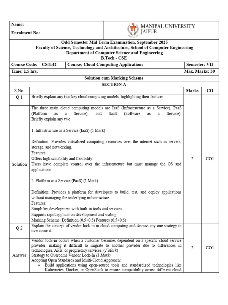 CS4142 - Cloud Computing Applications - Solution Cum Marking Scheme ...
