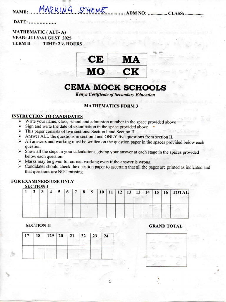 Cememock Form Three Mathematics Marking Scheme | PDF