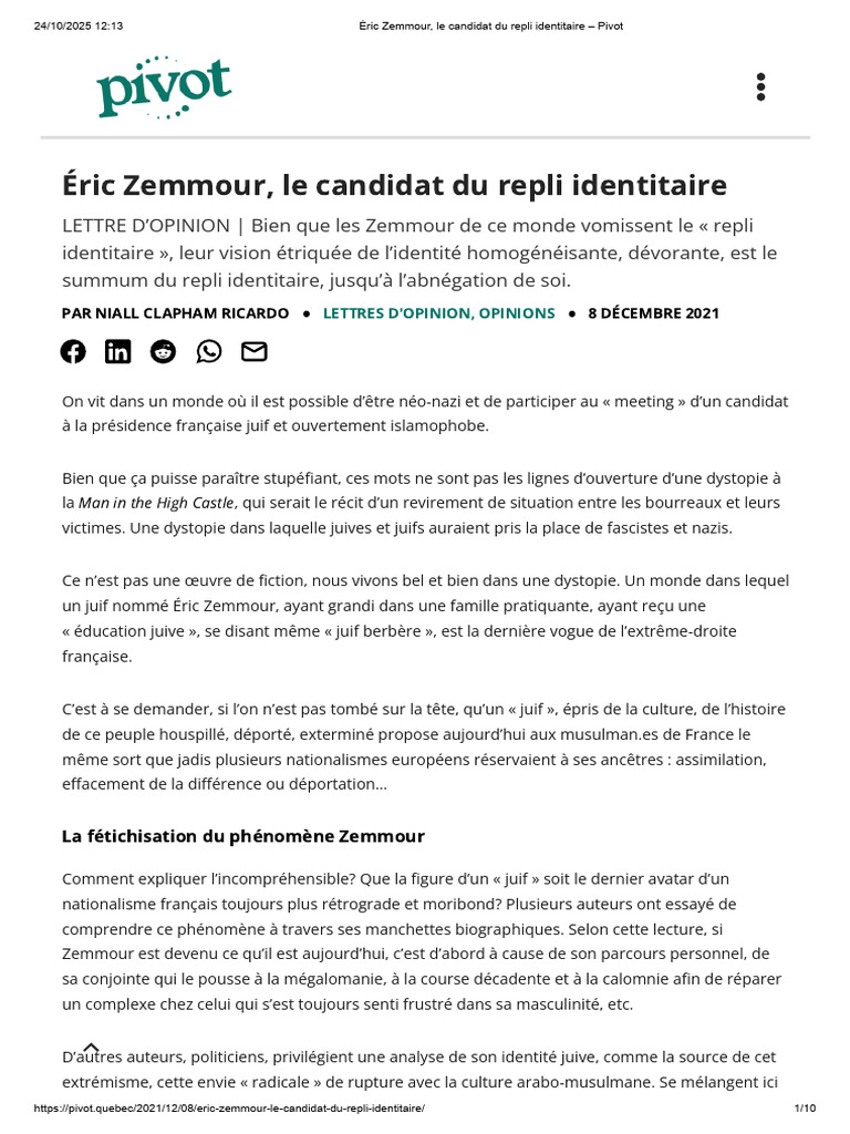 Zemmour : Analyse du repli identitaire | PDF | Juifs | Sciences politiques