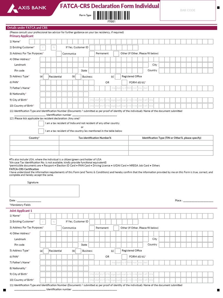 FATCA-CRS Individual Declaration Form | PDF | Identity Document ...