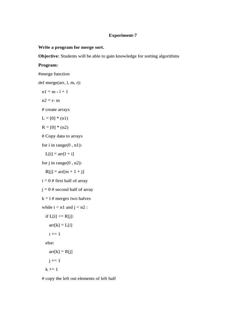 Merge Sort Algorithm Implementation | PDF