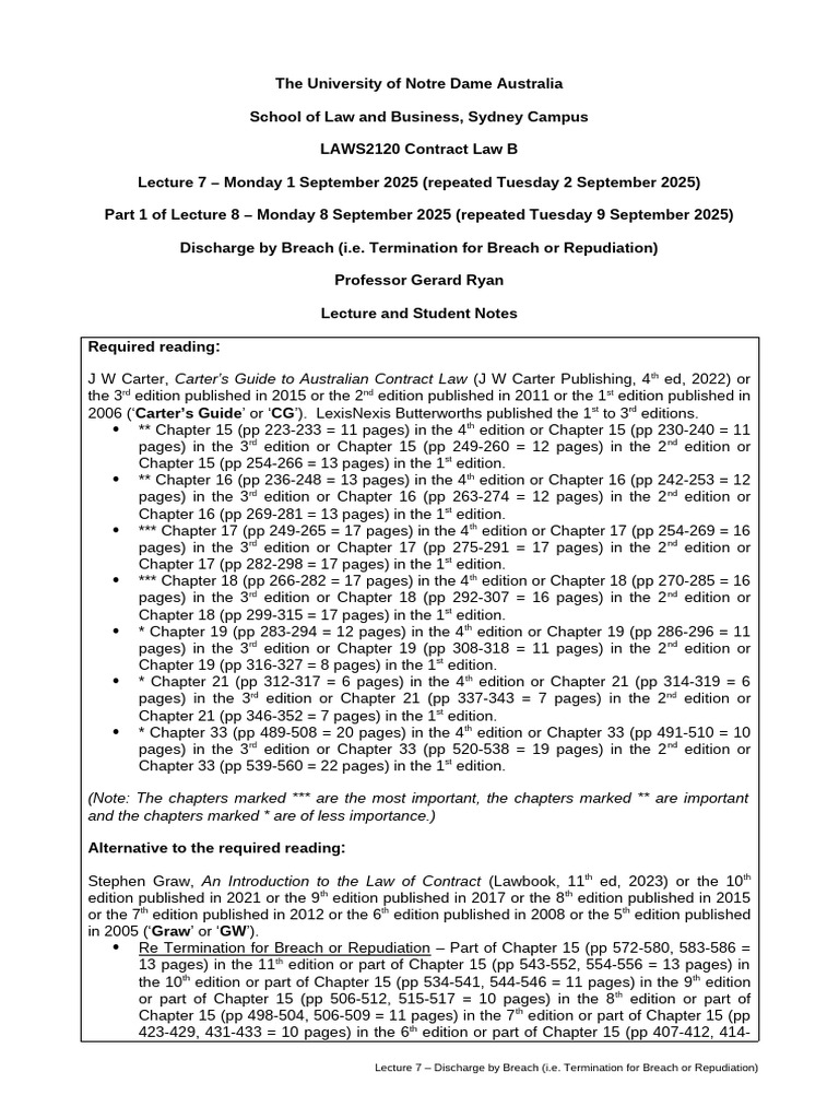 Contracts B 2025 Lec 7 Discharge by Breach Lec Stud Notes | PDF ...
