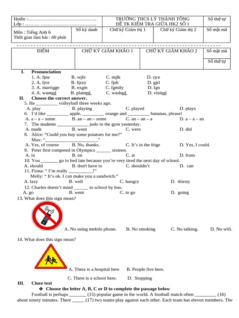English Test Paper for Grade 6 Students | PDF | Lunch