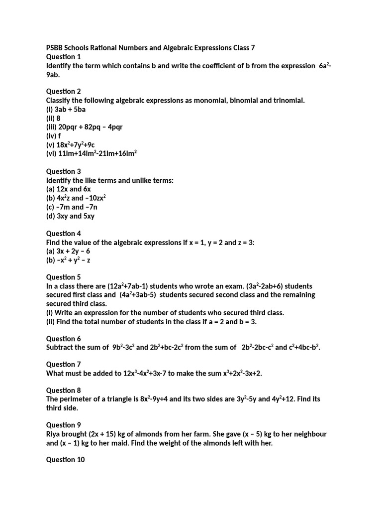 PSBB Schools Rational Numbers and Algebraic Expressions Class 7 | PDF ...