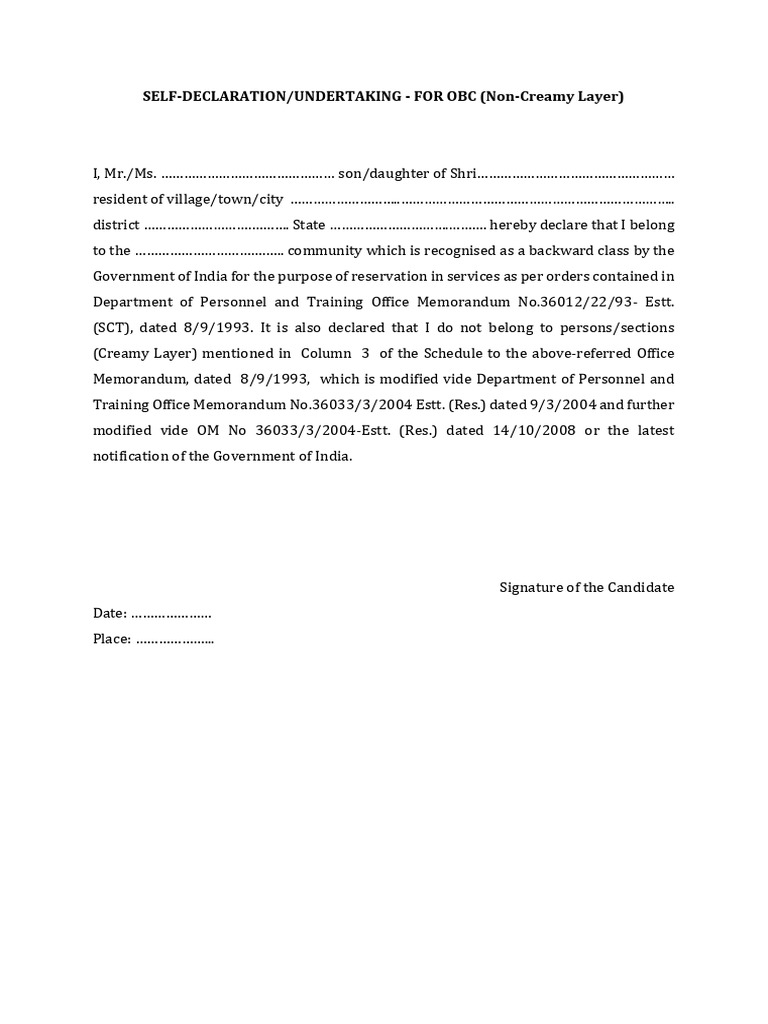 OBC Non-Creamy Layer Self-Declaration | PDF