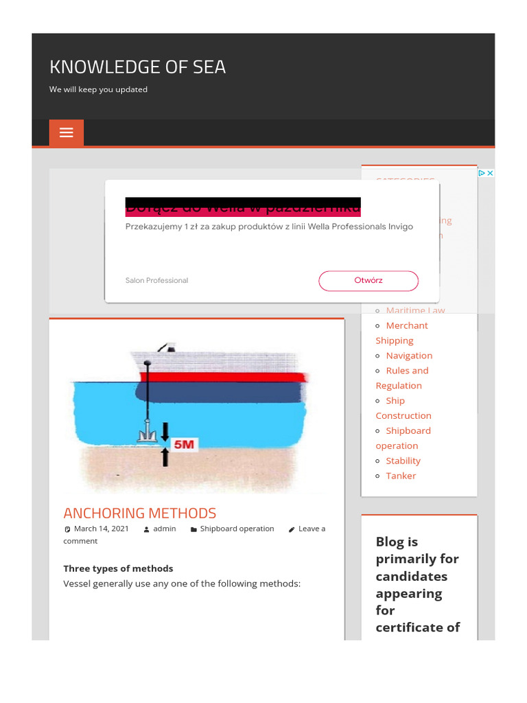 Anchoring Methods for Maritime Operations | PDF | Anchor | Water Transport