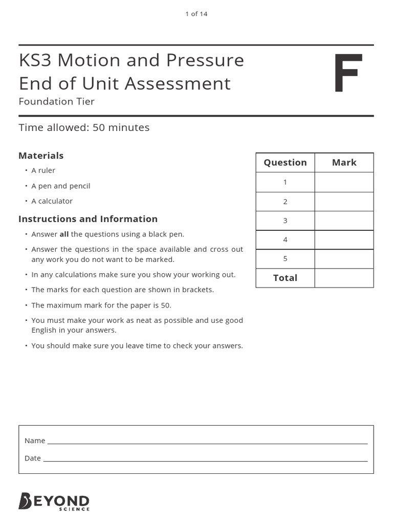 KS3 Motion and Pressure Assessment Foundation - Question Paper | PDF ...