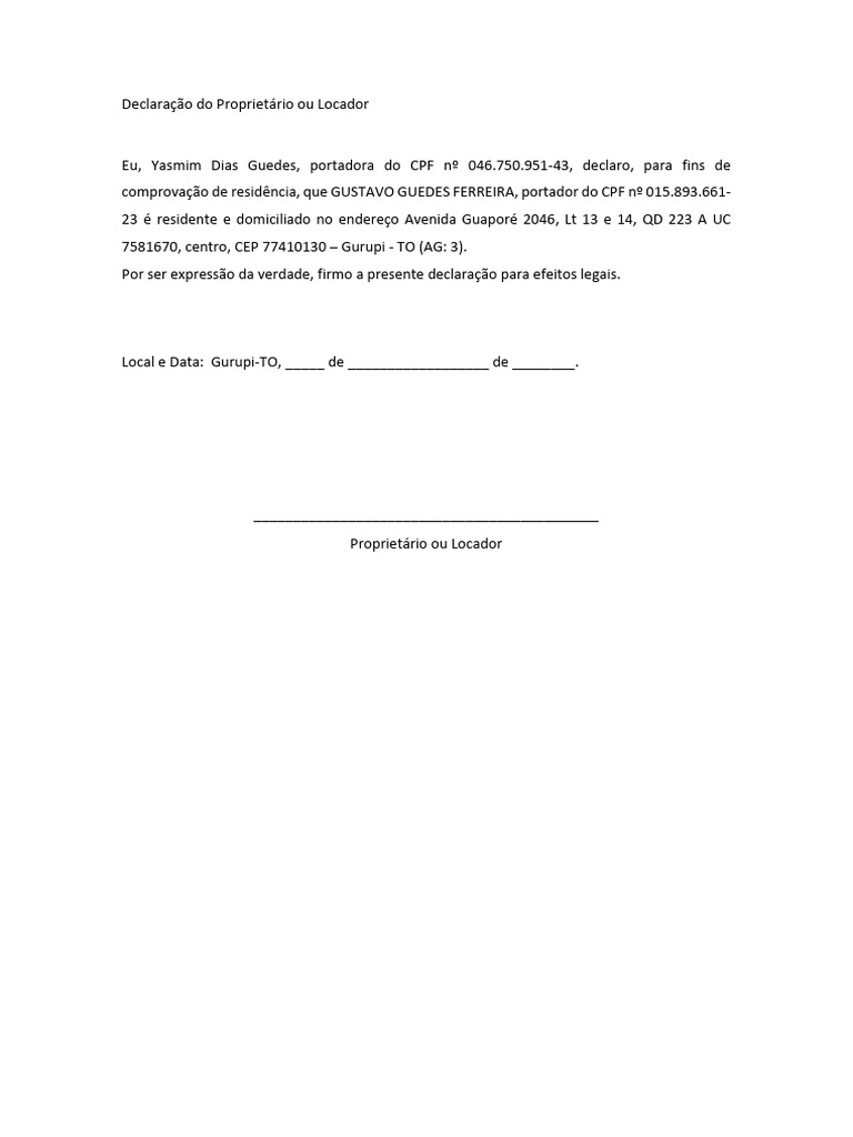 Declaração Do Proprietário Ou Locador | PDF