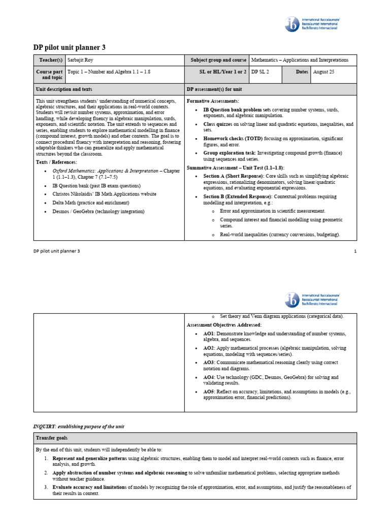 DP Mathematics Unit Planner: Number & Algebra | PDF | Multiplication ...