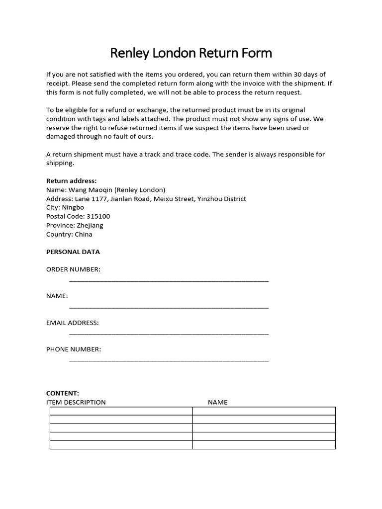 Renley London Return Instructions | PDF
