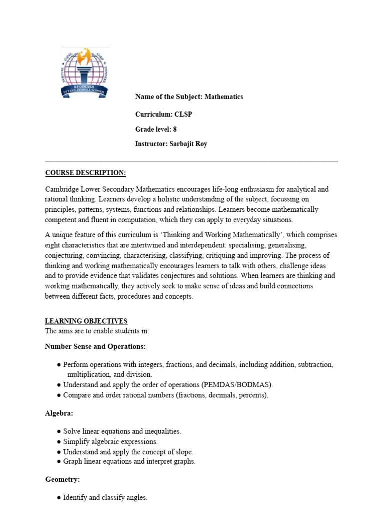 Grade 8 Cambridge Math Curriculum Guide | PDF | Mathematics | Geometry