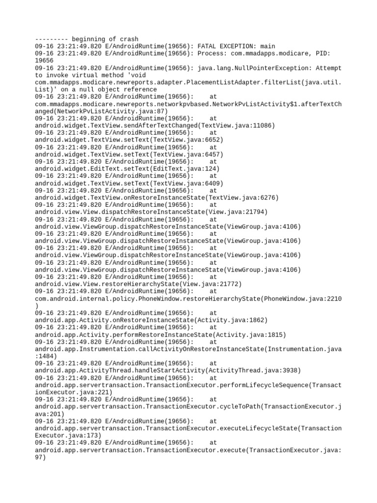 Android NullPointerException Log | PDF | Java (Programming Language ...