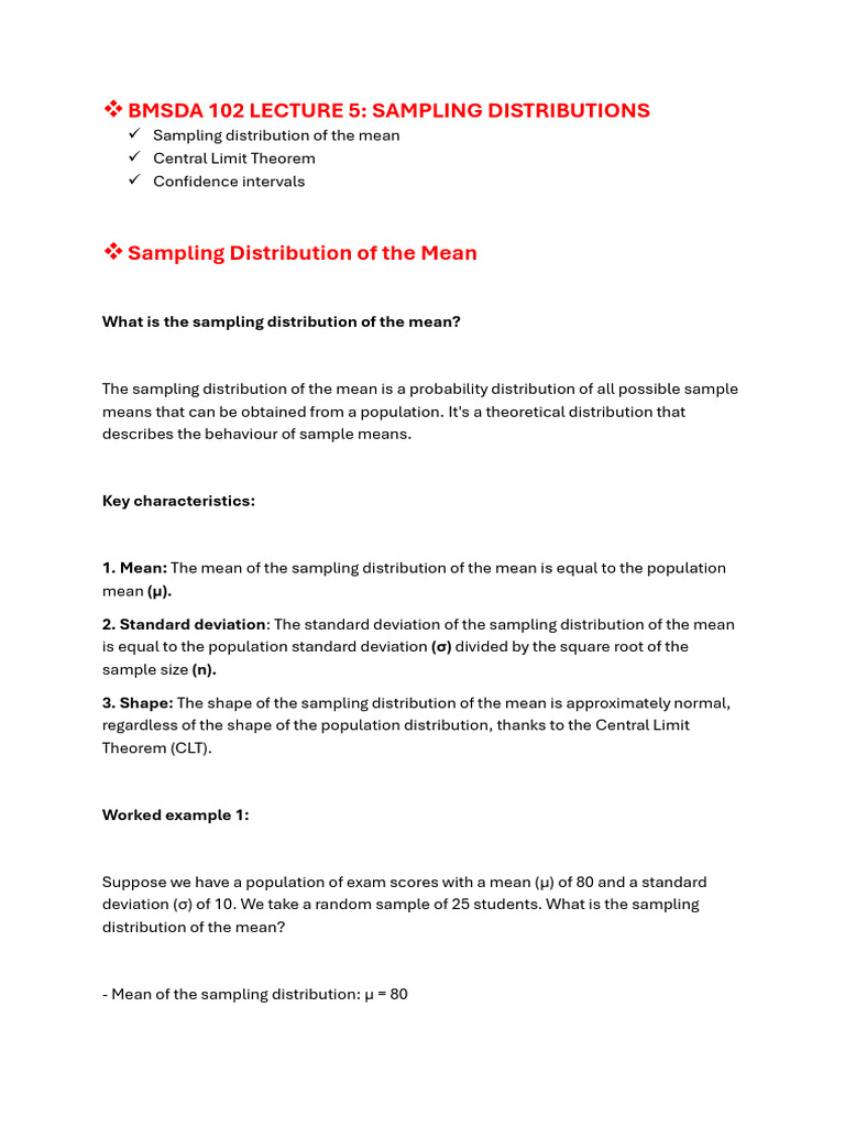 Bmsda 102 Lecture 5 Sampling Distributions | PDF | Confidence Interval ...