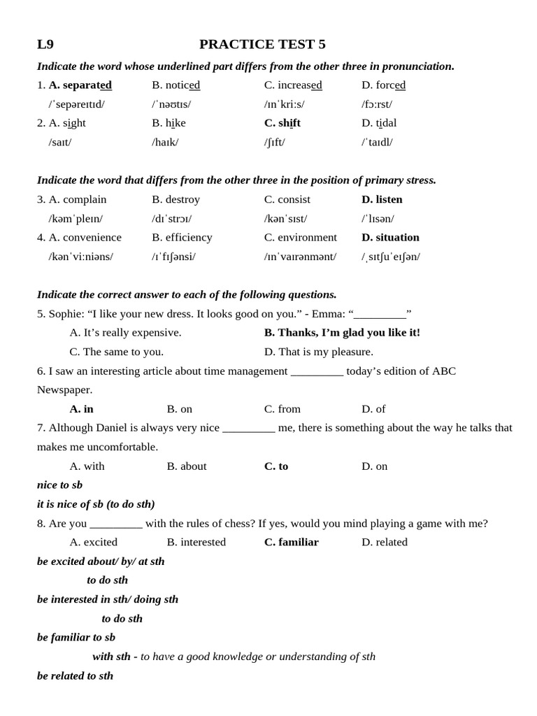 English Pronunciation and Grammar Practice Test | PDF | Plastic ...