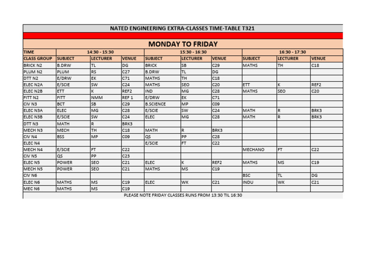 Nated Engineering Extra Classes Timetable | PDF