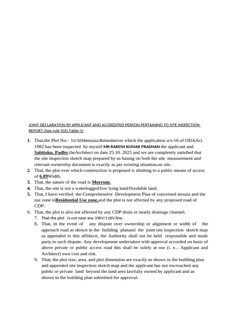 Site Inspection Declaration for Plot 51/1056 | PDF