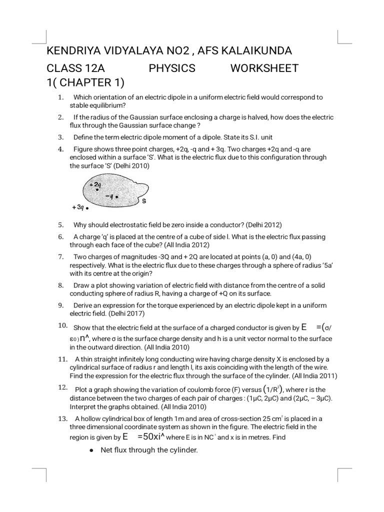 Class 12 Physics Electric Dipole Worksheet | PDF | Electric Field | Flux