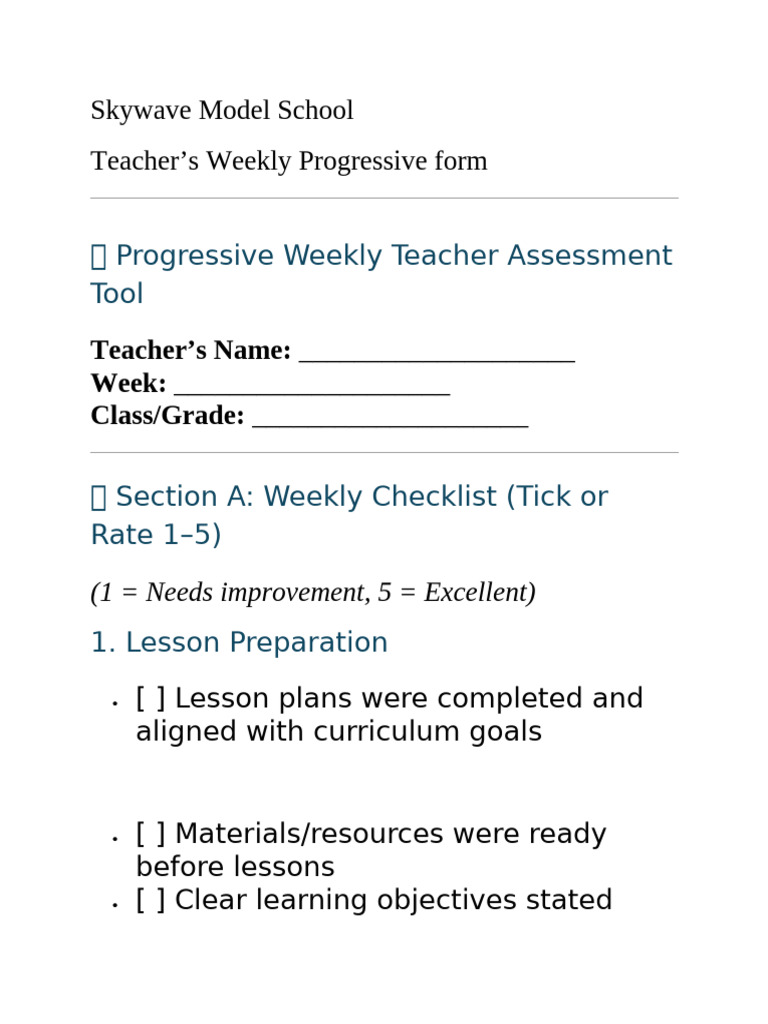 Teachers Weekly Assessment Form | PDF
