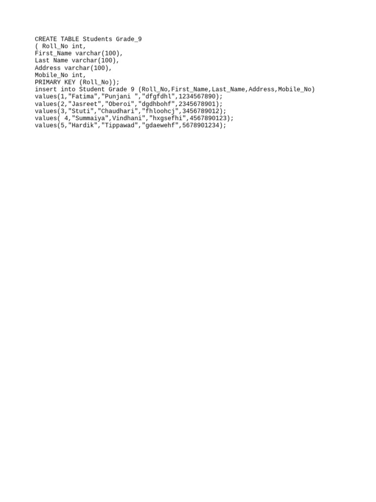 SQL Table Creation for Grade 9 Students | PDF