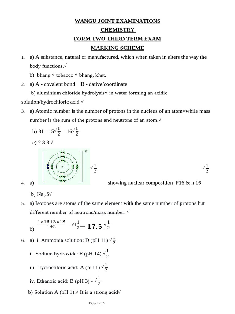 Form Two Chemistry Exam Marking Scheme | PDF | Acid | Chemical Compounds