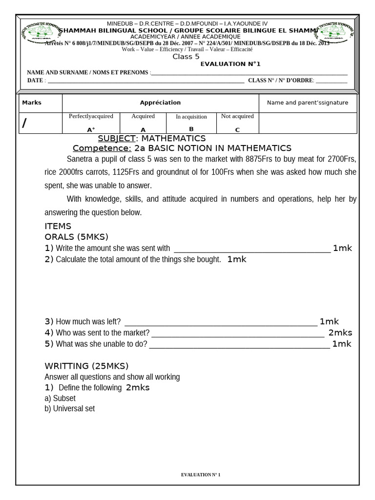 Class 5 Mathematics Evaluation 1 | PDF | English Language | Respiratory ...