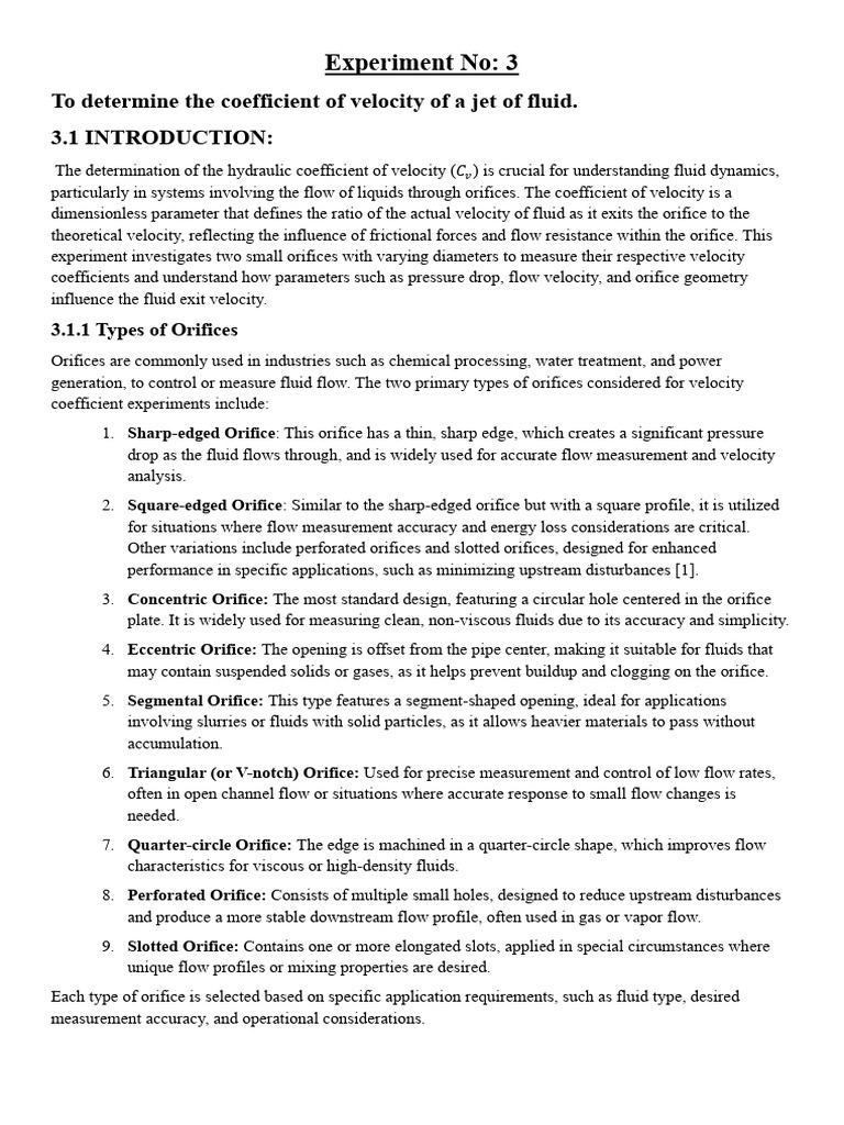 Coefficient of Velocity in Fluid Orifices | PDF | Flow Measurement ...
