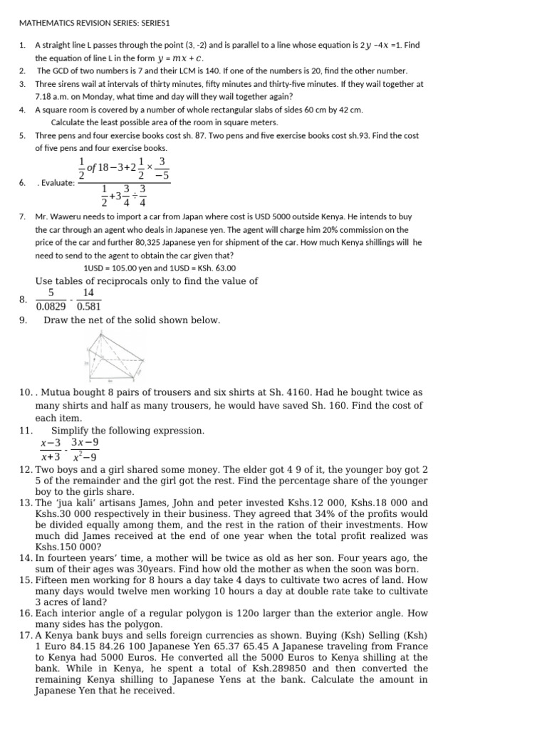 Mathematics Revision Questions Series 1 | PDF | Volume | Area