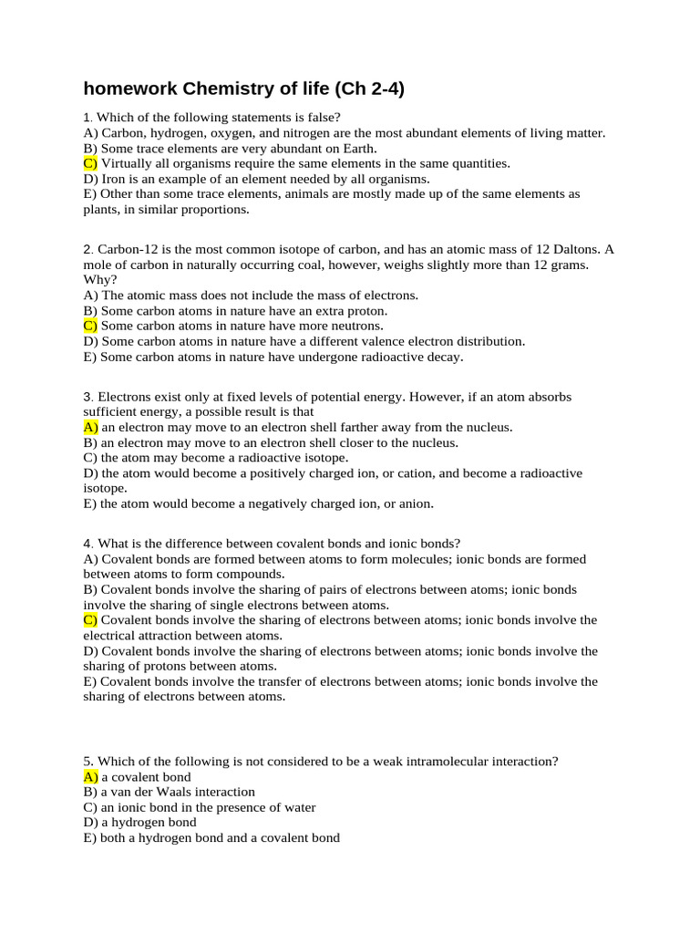 Chemistry of Life Homework Guide | PDF | Chemical Bond | Atoms
