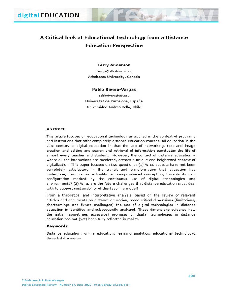 Critical Analysis of Distance Education Tech | PDF | Distance Education ...