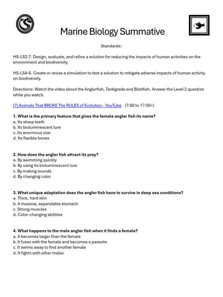 Unit 2 Standards HS-LS2-7, HS-LS4-6 AnglerFish Tardigrade Blobfish ...