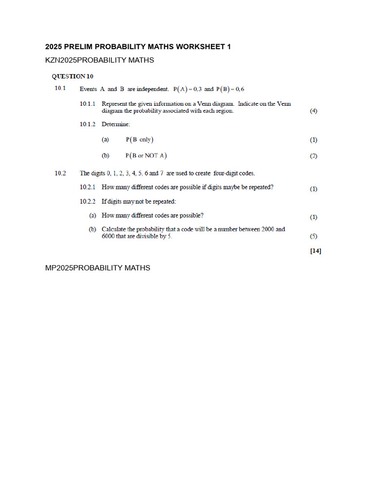 2025 Prelim Probability Worksheet 1 | PDF