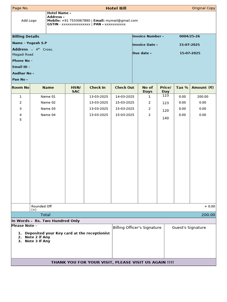 Hotel Invoice Template for Guests | PDF