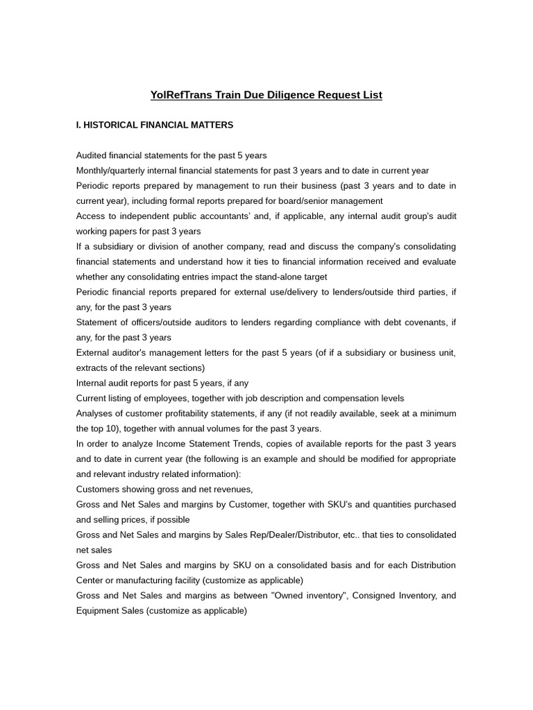 Due Diligence Financial Request List | PDF | Expense | Employment