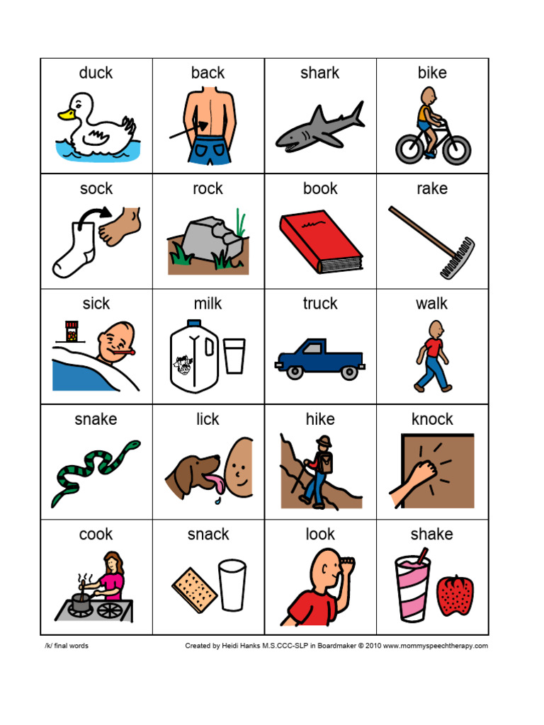 /k/ Final Position Words List PDF