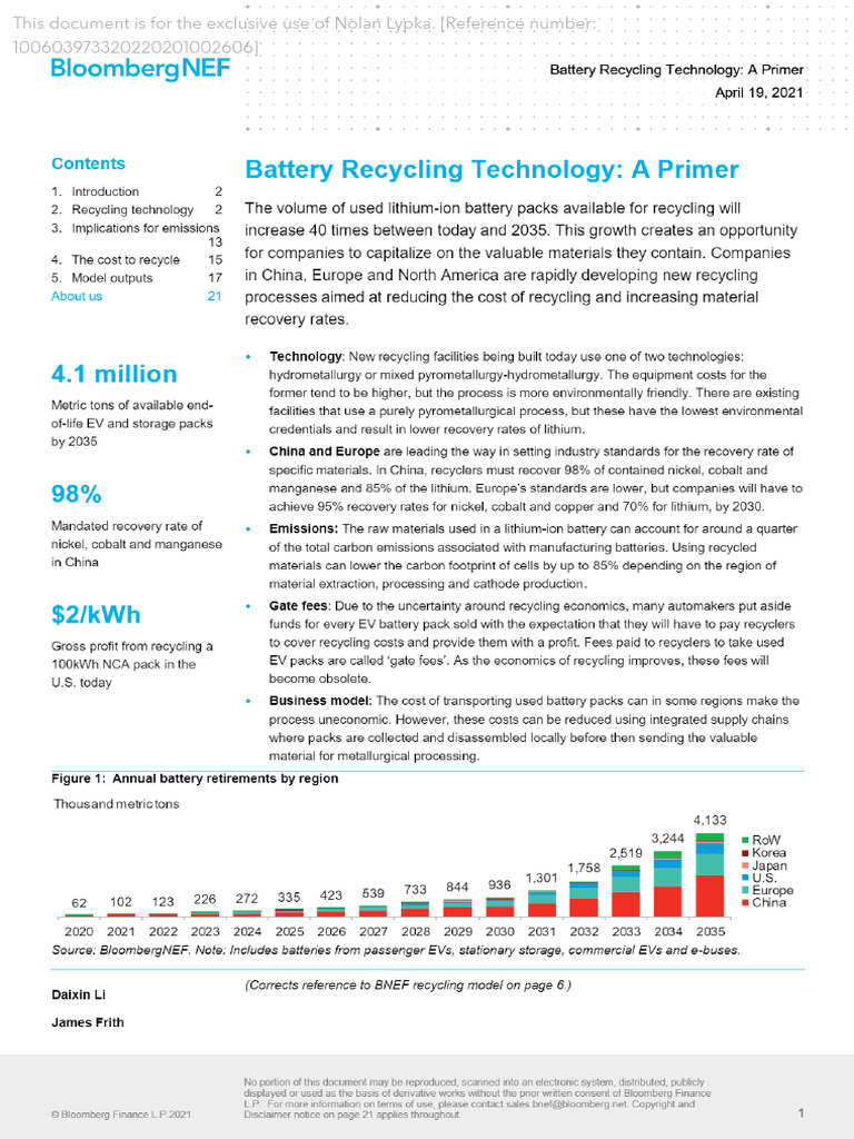 Battery Recycling Technology - A Primer - Full Report - BloombergNEF | PDF