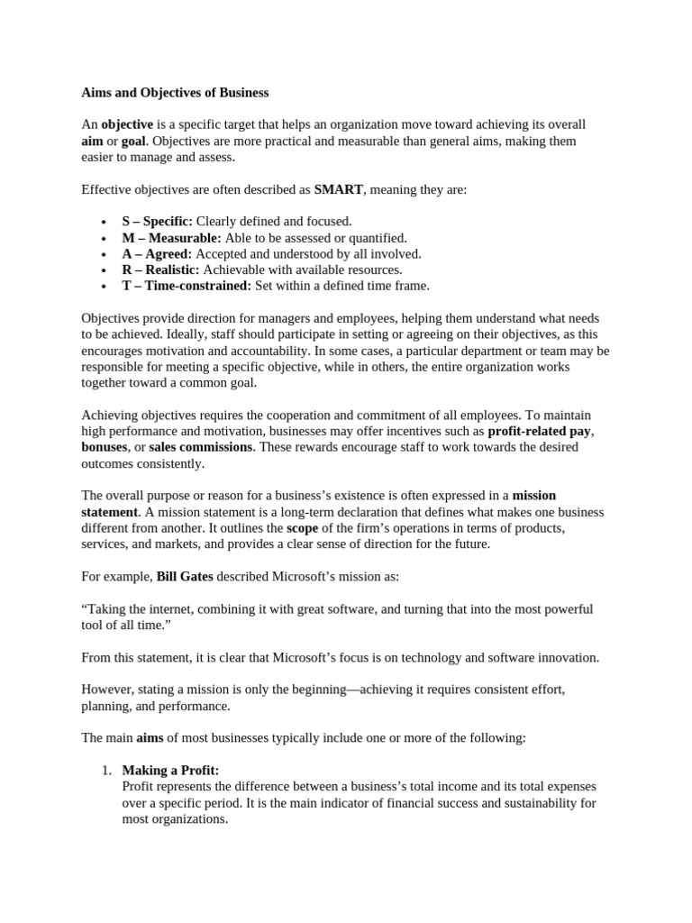 Business Aims and SMART Objectives | PDF