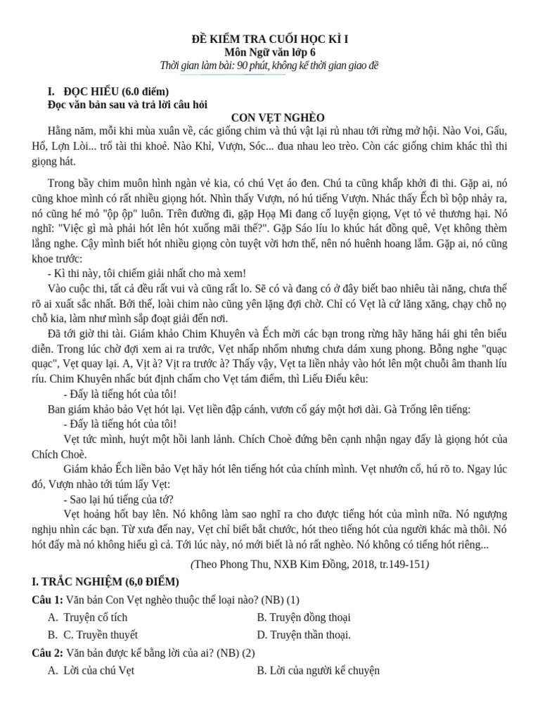 Đề Tham Khảo Cuối Học Kì i - Lần 1 - Con Vẹt Nghèo | PDF
