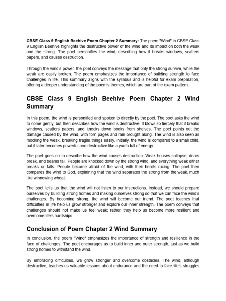 CBSE Class 9 English Beehive Poem Chapter 2 Summary | PDF | Wound