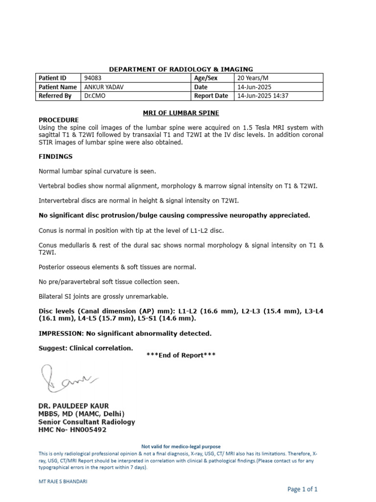 MRI Report: Normal Lumbar Spine Findings | PDF
