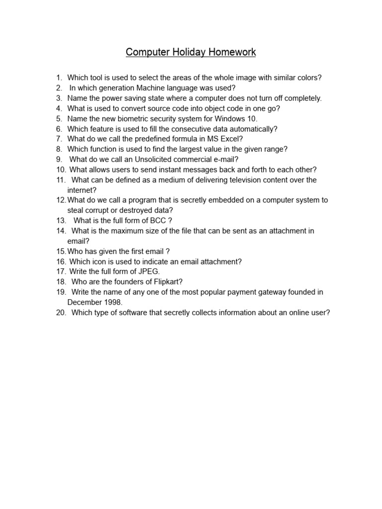 Class ViComputer Holiday Homework | PDF